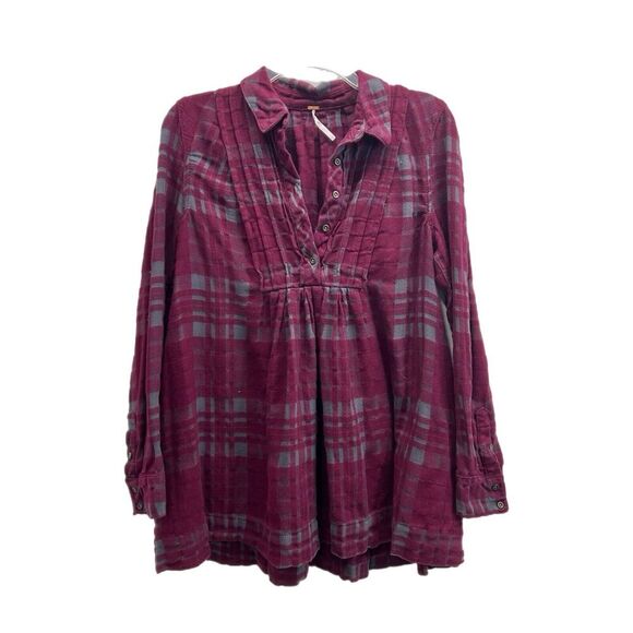 Free People Baby Blues Plaid Tunic Top Small Flannel Burgundy Pockets - Picture 2 of 16